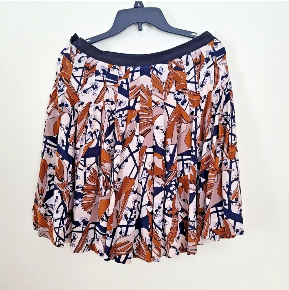 Marc by Marc Jacobs 100% Silk Brown Black Bird Print Pleated Mini Skirt US 6